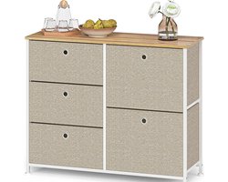 Commode Kasten - met 5 laden van stof, sideboard, tv-kast, metalen opbergsysteem, praktische organizer, bijzettafel voor woonkamer, slaapkamer, hal, keuken, kantoor, staal, hout, wit en beige