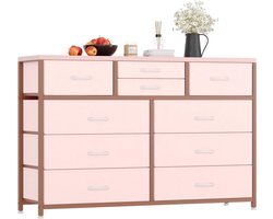 Commode met 10 stoffen laden, modern opbergmeubel – stalen frame – 115x35x80 cm – Roze
