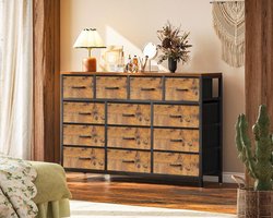 Commode met 13 Laden 140x30x101 cm – Grote Stoffen Ladekast met Stalen Frame en Houten Blad – Hoge Opbergkast Organizer voor Slaapkamer en Woonkamer Vintage – Urbanhome