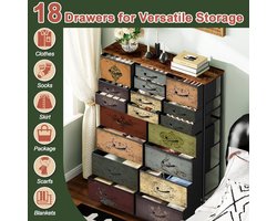 Commode met 18 Laden – Hoge Stoffen Kastcommode 145 cm – Smalle Opbergkast Slaapkamer & Kinderkamer – Vintage Bloemenprint – Metalen Frame & Houten Bovenblad – HomeByNicole