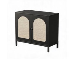 Commode met 2 compartimenten, 2 rotan deuren, dressoir, multifunctioneel bijzettafeltje, voor woonkamer, hal, zwart, 80 x 40 x 72 cm