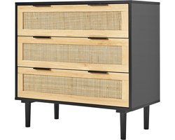 Commode Met 3 Laden Van Natuurlijk Rotan - Modern Houten Kist voor Opslag, Boho Stijl Met Stabiele Grepen & Poten, Ideaal voor Slaapkamer, Woonkamer, Gang