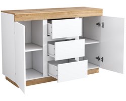 Commode met 3 Lades en 2 Deuren, 120,5 x 40,2 x 82,5 cm Opbergkast met Gesloten Vak, Voor Woonkamer en Slaapkamer, Wit en Eikenlook,