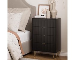 Commode met 4 Laden – Houten Ladekast met Gouden Poten – Modern Dressoir / Bijzetkast – 34 x 60 x 91 cm – Zwart