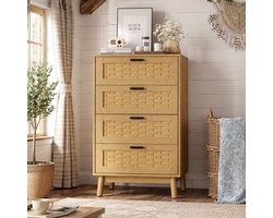 Commode met 4 lades, keukenkast 55x40x95 cm, moderne opbergkast van hout en rotan, dressoir voor slaapkamer, woonkamer, hal