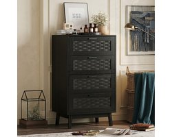 Commode met 4 lades, keukenkast 55x40x95 cm, moderne opbergkast van hout en rotan, dressoir voor slaapkamer, woonkamer, hal, Zwart