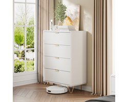 Commode met 4 lades, opbergmeubel, moderne stijl, dressoir voor slaapkamer, woonkamer, kantoor, 60 x 34 x 91 cm, wit