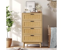 Commode met 4 lades, opbergmeubel van rotan, dressoir voor slaapkamer, woonkamer, kantoor, Houtkleur, 55 x 40 x 95 cm