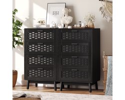 Commode met 4 lades, rotan opbergkast met 4 lades, houten opbergkast, bohemian ladekast voor slaapkamer, woonkamer of hal, 55x40x95cm, Zwart