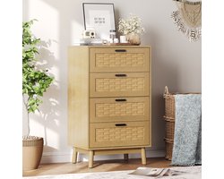 Commode met 4 ruime planken, rotan commode met stevige handgrepen en poten, moderne commode voor slaapkamer, woonkamer en hal, natuurlijke houtkleur