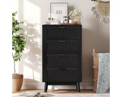 Commode met 4 ruime planken, rotan commode met stevige handgrepen en poten, moderne commode voor slaapkamer, woonkamer en hal, zwart