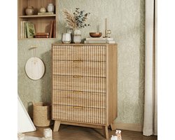 Commode met 5 laden, 73x40x108cm, slaapkamercommode, opbergkast van rotan en hout, ladekast met handgrepen en poten, opbergkast voor slaapkamer, woonkamer en hal