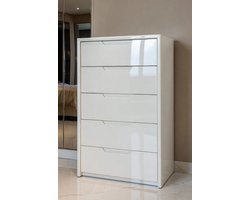 Commode met 5 Laden Hoogglans Wit 124,5 cm – Moderne Ladekast / Dressoir voor Slaapkamer & Woonkamer – Ruime Opbergkast 70 cm Breed – Mobili Bella