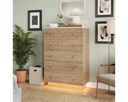 Commode met 5 laden, houten commode, LED-verlichting en grote opbergruimte, opbergmeubel 73x40x111 cm, voor slaapkamer, woonkamer, moderne stijl, licht eikenhout