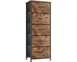 Commode met 5 laden, ladekast van stof, hoge smalle commode en dressoir, opbergkast voor slaapkamer, woonkamer, hal, meubels van metalen frame, houten top, vintage rustiek bruin