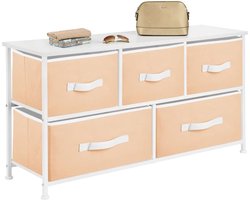 commode met 5 lades – brede ladekast voor slaapkamer, woonkamer of gang – klerenkast van metaal, MDF, stof en kunststof – wit/licht oranje