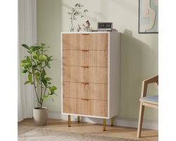 Commode met 5 lades, houten opbergmeubel, keukenkast, commode voor woonkamer, slaapkamer, gang, 60 x 34 x 91 cm, naturel en wit