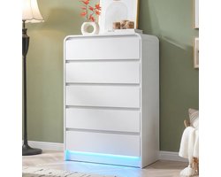 Commode met 5 Lades, Opbergmeubel met LED-Verlichting, Kippingsveilig, Griffloos Design, Opbergkast voor Woonkamer, Slaapkamer & Gang, 73x40x110 cm, Wit