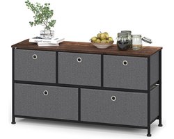 Commode met 5 lades van stof, dressoir, metaal, ladekast, TV box, organizer, kledingopslag, bijzettafel voor hal, slaapkamer, keuken, woonkamer, kantoor, staal, hout, Zwart en grijs