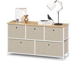 Commode met 5 lades van stof, dressoir, metaal, ladekast, tv box, organizer, kledingopslag, bijzettafel voor hal, slaapkamer, keuken, woonkamer, kantoor, staal, hout, wit & beige
