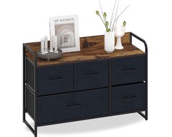 Commode met 5 schuifladen, suède, stoffen kast, laag sideboard, vintage highboard, metalen kasten, organizer, tv-kast, klein, keuken, slaapkamer, kantoor, woonkamer, zwart + grijs hout + staal