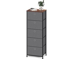 Commode met 5 schuifladen van stof, kasten, metaal, bijzettafel, organizer, kast, opbergdozen, praktisch, ruimtebesparend, voor slaapkamer, kantoor, woonkamer, hal, staal, hout, zwart en grijs