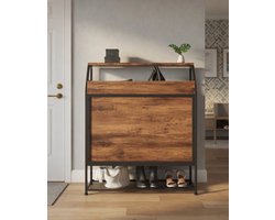 Commode met 5 stoffen handgrepen, opbergcommode met houten plaat en schoenenrek in industrieel design, metalen kast voor slaapkamer, woonkamer, vintage bruin-zwart-Mobili Bella