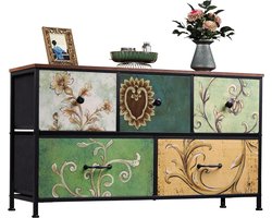 Commode met 5 stoffen lades, Smalle vintage ladekast met stalen frame, TV kast voor slaapkamer, woonkamer en hal, 100 x 30 x 55 cm