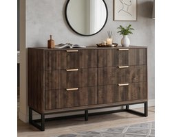 Commode met 6 laden - Dressoir kast - Opbergen woonkamer - Modern groefdesign - 137B x 80H cm - Bruin
