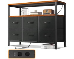 Commode met 6 Laden en Stopcontacten 100x30x85,2 cm – Ladekast met 2 USB en 2 Stopcontacten – Stoffen Opbergkast met Stalen Frame en Houten Blad voor Slaapkamer en Woonkamer Vintage – Urbanhome