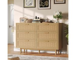 Commode met 6 Laden, Houten Opbergmeubel met Rotan Look, Keukenkast, Commode voor Woonkamer, Slaapkamer, Gang, 115 x 40 x 80 cm, Naturel