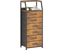 Commode met 6 Lades - Hoge en Smalle Opbergkast met Stoffen Laden - Ladekast met Houten Planken en Metalen Frame - Kledingkast en Organizer voor Slaapkamer, Woonkamer en Hal - Industriële Stijl - Rustiek Bruin