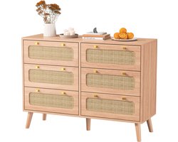 Commode met 6 lades, opbergmeubel van rotan, dressoir voor slaapkamer, woonkamer, kantoor, 100 x 34 x 73 cm