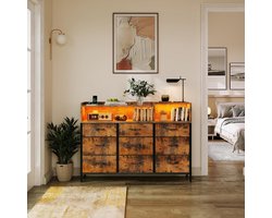 Commode met 9 Laden en LED Verlichting 130x30x97 cm – Ladekast met 2 Stopcontacten en 2 USB – Stoffen Opbergkast met Plank en Stalen Frame voor Slaapkamer en Woonkamer Retro – Urbanhome