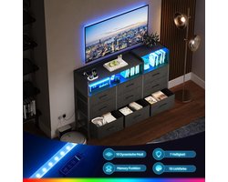Commode met 9 Laden en LED Verlichting 130x30x97 cm – Ladekast met 2 Stopcontacten en 2 USB – Stoffen Opbergkast met Plank en Stalen Frame voor Slaapkamer en Woonkamer zwart– Urbanhome