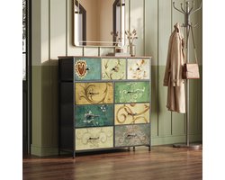 Commode met 9 Laden voor de Slaapkamer, Dressoir, Kast in Industriële Stijl, Houten Blad, Metalen Frame, Stoffen Laden, voor de Woonkamer, Kinderkamer, Hal, Rustieke Stijl