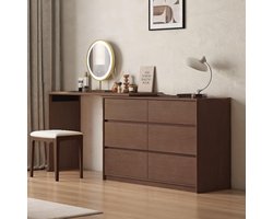 Commode met uitschuifbaar bureau 120-220 cm – L-vormige ladekast werkplek 79 x 40 x 120 cm massief eiken walnootkleur – draaibaar tafelblad – 6 laden opbergkast slaapkamer kantoor make-uptafel – Abkantoor