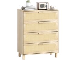 Commode met vier lades - rotan - Afmetingen: 80 cm x 40 cm x 103 cm - lichte houtnerf