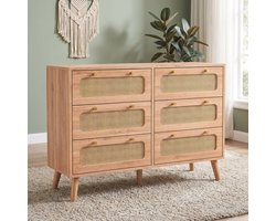 Commode, Opbergkast met 5 Laden, Eetkamerkast, Commode met Rotan Deuren, Multifunctioneel Meubel Voor Hal, Slaapkamer, Woonkamer, Badkamer (73 x 100 x 34 cm - 6 laden)