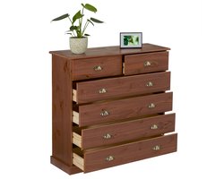 Commode PARIS met 6 laden gemaakt van grenen kastanjekleuren gelakt met schelpvormige handgrepen