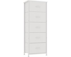 Commode, smal, ladekast, opbergkast met 5 laden van stof, hoog en smal houten top, comodetekast, dressoir, meubels voor slaapkamer, woonkamer, hal, kinderkamer, wit