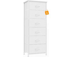 Commode, smal, ladekast, opbergkast met 6 laden van stof, hoog en smal houten top, comodetekast, dressoir, meubels voor slaapkamer, woonkamer, hal, kinderkamer, wit