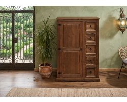 Commode Tequila – Massief Grenenhouten Highboard met 5 Laden, Verstelbare Planken, Bruin Gewaxt – Luxe Ladekast voor Woonkamer, Eetkamer & Keuken – Handdoek- & Opslagmeubel Novihome