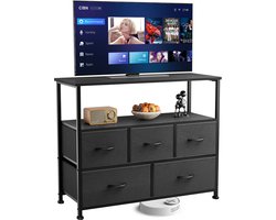 Commode TV-meubel entertainment center met 5 stoffen lades, mediatafel voor TV met open opbergruimte, opbergrek voor woonkamer, hal en entree, 100 x 30 x 80 cm (LBH).-Zwart