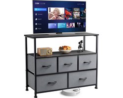 Commode TV-meubel entertainment center met 5 stoffen lades, mediatafel voor TV met open opbergruimte, opbergrek voor woonkamer, hal en entree, 100 x 30 x 80 cm (LBH).-Grijs