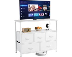Commode TV-meubel entertainment center met 5 stoffen lades, mediatafel voor TV met open opbergruimte, opbergrek voor woonkamer, hal en entree, 100 x 30 x 80 cm (LBH).-Wit