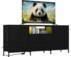 Commode TV- Meubel TV met LED en 8 Lades - TV‑meubel 160 x 35 x 68 cm - met Stalen Frame & Spaanplaten - Groot Opbergvak voor Woonkamer & Slaapkamer - Zwart