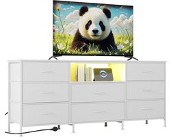 Commode TV- Meubel TV met LED en 8 Lades - TV‑meubel 160 x 35 x 68 cm - met Stalen Frame & Spaanplaten - Groot Opbergvak voor Woonkamer & Slaapkamer - wit