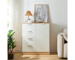 Commode Varkaus ladekast mdf met 4 lades 1 deur 90x80x40 cm eikenkleurig en wit [en.casa]