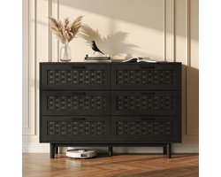 Commode Voor Slaapkamer, 6-Laden Rotan Commode, Massief Houten Commode, Geschikt Voor Het Gemakkelijk Organiseren Cosmetica, Sieraden Andere Spullen, Zodat uw Kantoor Netjes Blijft (Zwart)